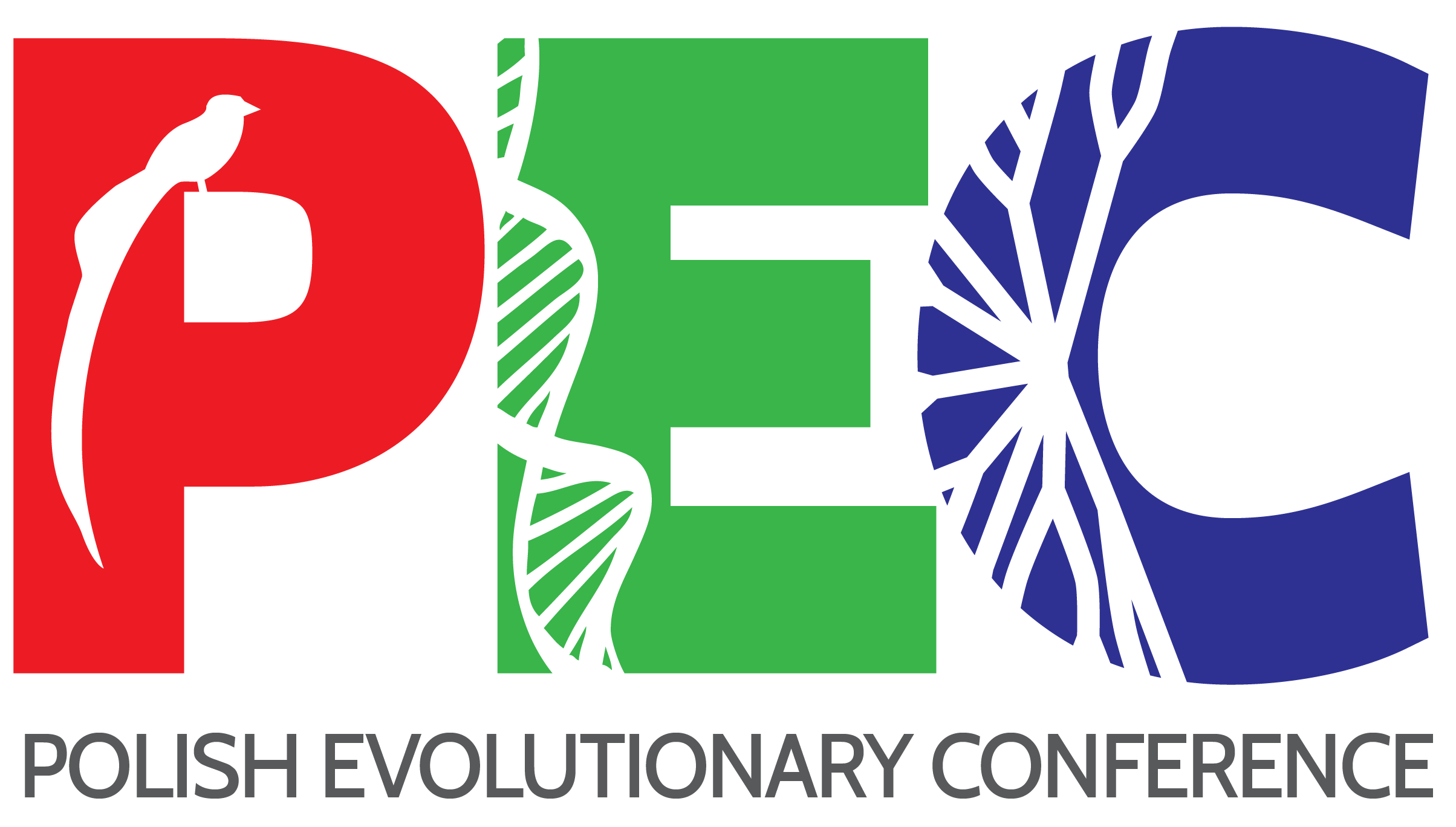 Logo of the conference. Big colorful PEC letters. P is red and inside it sits a bird, probably a male long-tailed widowbird Euplectes progne ("sacabula", wikłacz olbrzymi). The letter E is green and inside it is a DNA double helix. The letter C is blue and inside it is a symbolic cladogram. Under the letters there is an extension of the conference's abbreviated name: Polish Evolutionary Conference.